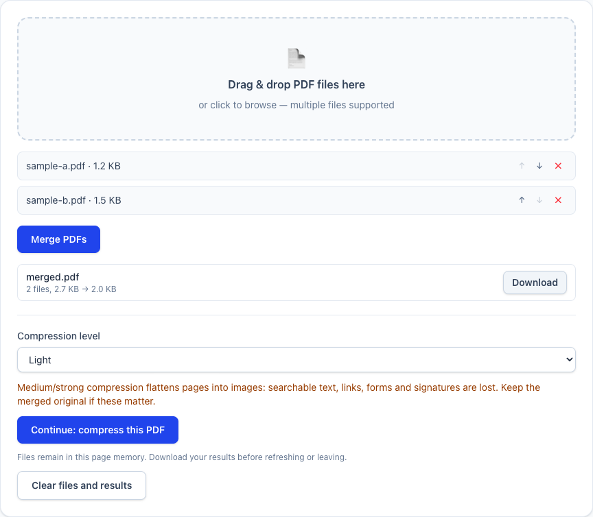 Merge PDF result with sample-a.pdf and sample-b.pdf selected, merged.pdf ready to download, and a separate compression option.